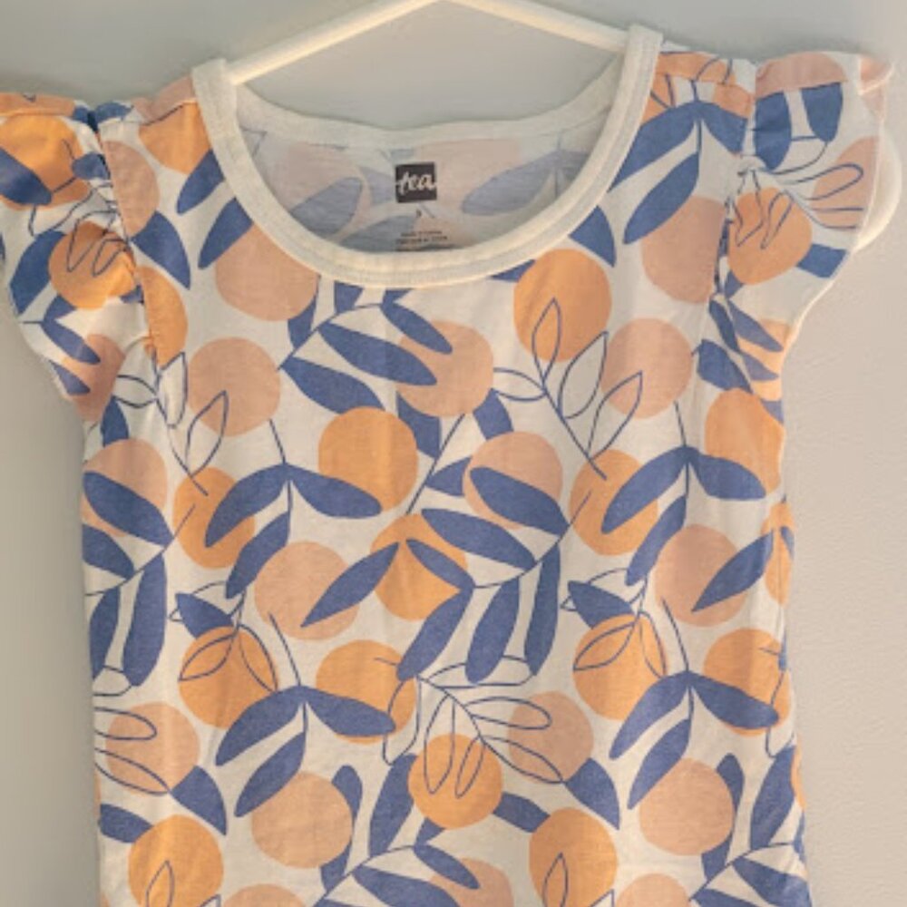 Girl's Tea Dress, Size 3, White with Blue & Orange Print